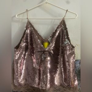Cropped pink sequins top with lace detailing. Size S.